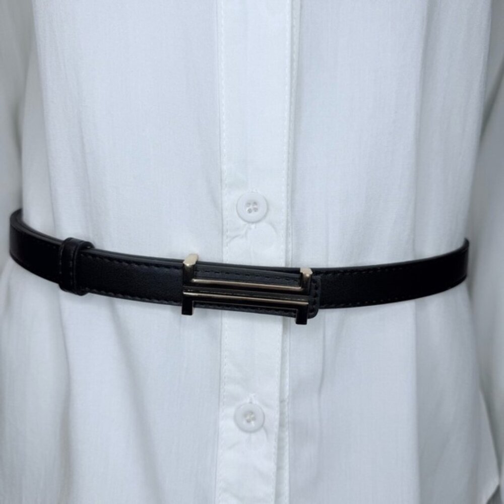 Black faux leather gold tone buckle skinny belt